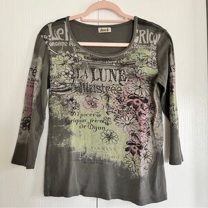 Jamee J Y2K La Lune Rhinestone Bedazzled Floral Graphic Gray Pink Green Top